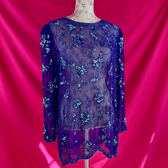 Sequin Beaded Sheer Purple Tunic Top XL Vintage Y2K Lillie Rubin Glam Party - Picture 8 of 17